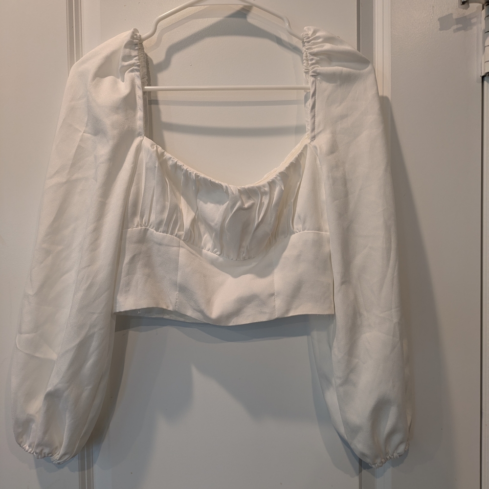 Princess Polly White Puff Sleeve Blouse Crop Top Size 4